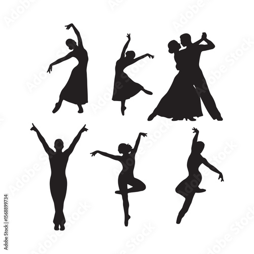Six Black Silhouettes of Dancers in Various Poses Against a White Background a Male Dancer a Female Dancer a Couple Dancing and Three Solo Female Dancers