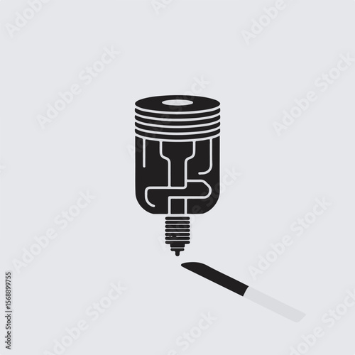 Creative conceptual vector illustration of car engine piston symbol resembling a light bulb and tool on gray background