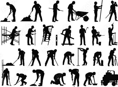 Construction worker silhouettes with tools, building laborers at work, industrial occupations, black vector illustration, construction site people collection