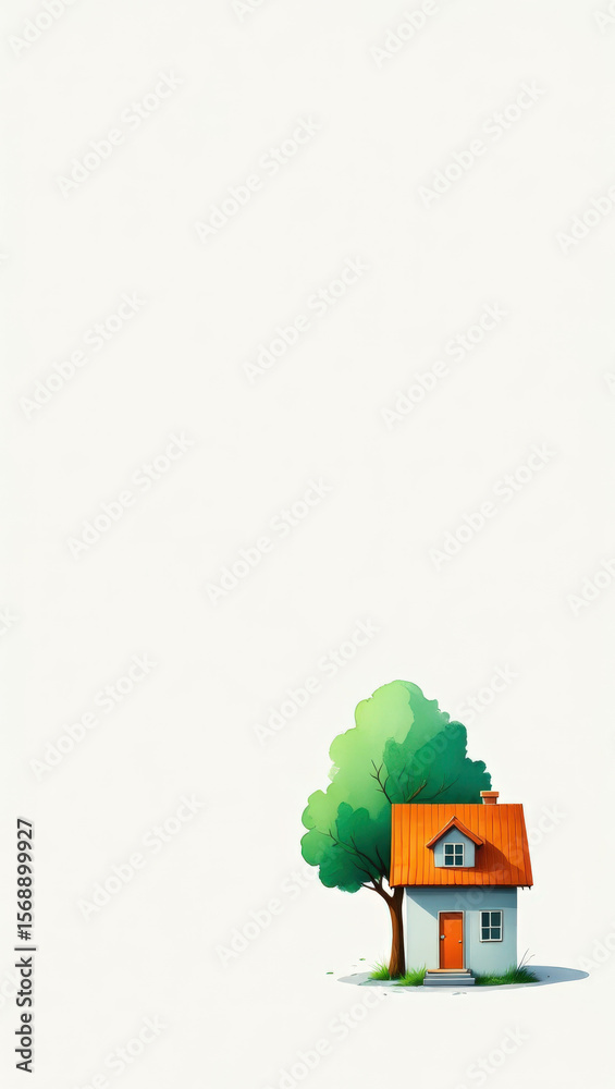 A Charming Cartoon House Nestled Beside a Lush Green Tree Against a Clean White Backdrop Creating a Serene and Inviting Scene with Warm Orange Roof Tiles A Charming Cartoon House Nestled Beside a Lush Green Tree Against a Clean White Backdrop Creating a Serene and Inviting Scene with Warm Orange Roof Tiles