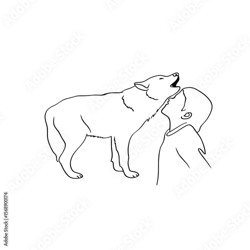 Line art sketch of a wolf sniffing a person's face