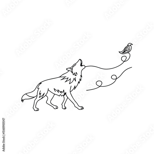 Line art wolf howling at bird animal wildlife