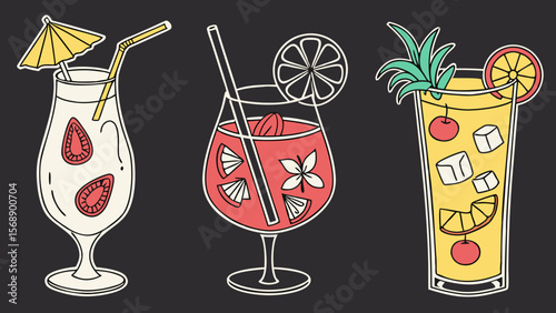 Set of colorful drinks like Set on the Beach, Sea Breeze, Planter's Punch, and Painkiller. Each drink in a clear PNG image with black background. Bright and tasty cocktails.