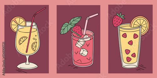 Set of colorful drinks like Set on the Beach, Sea Breeze, Planter's Punch, and Painkiller. Each drink in a clear PNG image with pink background. Bright and tasty cocktails.