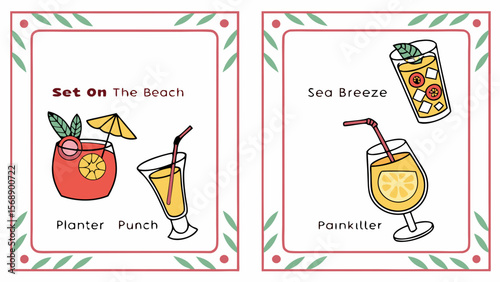 Set of colorful drinks like Set on the Beach, Sea Breeze, Planter's Punch, and Painkiller. Each drink in a clear PNG image with white background. Bright and tasty cocktails.