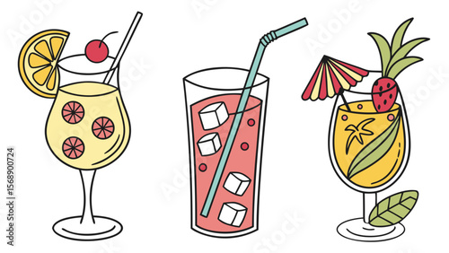 Set of colorful drinks like Set on the Beach, Sea Breeze, Planter's Punch, and Painkiller. Each drink in a clear PNG image with white background. Bright and tasty cocktails.