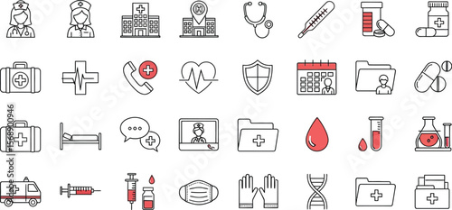 Collection of medical icons representing healthcare and medicine tools