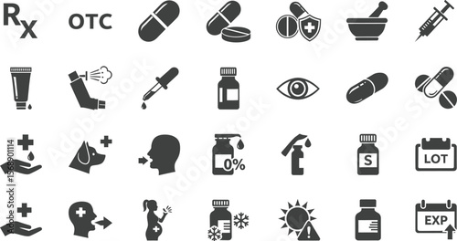 Collection of black medicine and healthcare related vector icons set