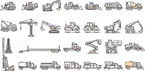 Illustration of various construction vehicles and heavy equipment icons
