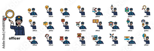 A collection of cartoon police officers in various poses and uniforms