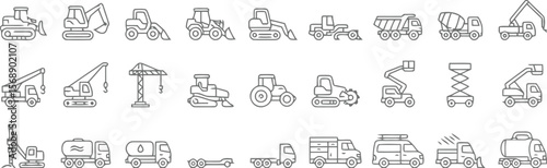 A collection of construction vehicles in outline style illustration