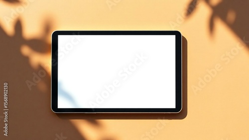 Tablet with blank screen on warm background with leaf shadows