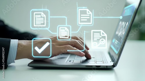 Hands Typing on Laptop with Digital Document Icons on Light Background for Business Compliance and Regulation Practices Check List