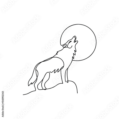 Line art wolf howling at full moon on rock night