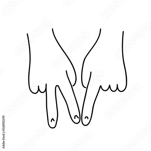 Illustration of two hands with fingers pointing down and slightly touching in a minimalist style drawing