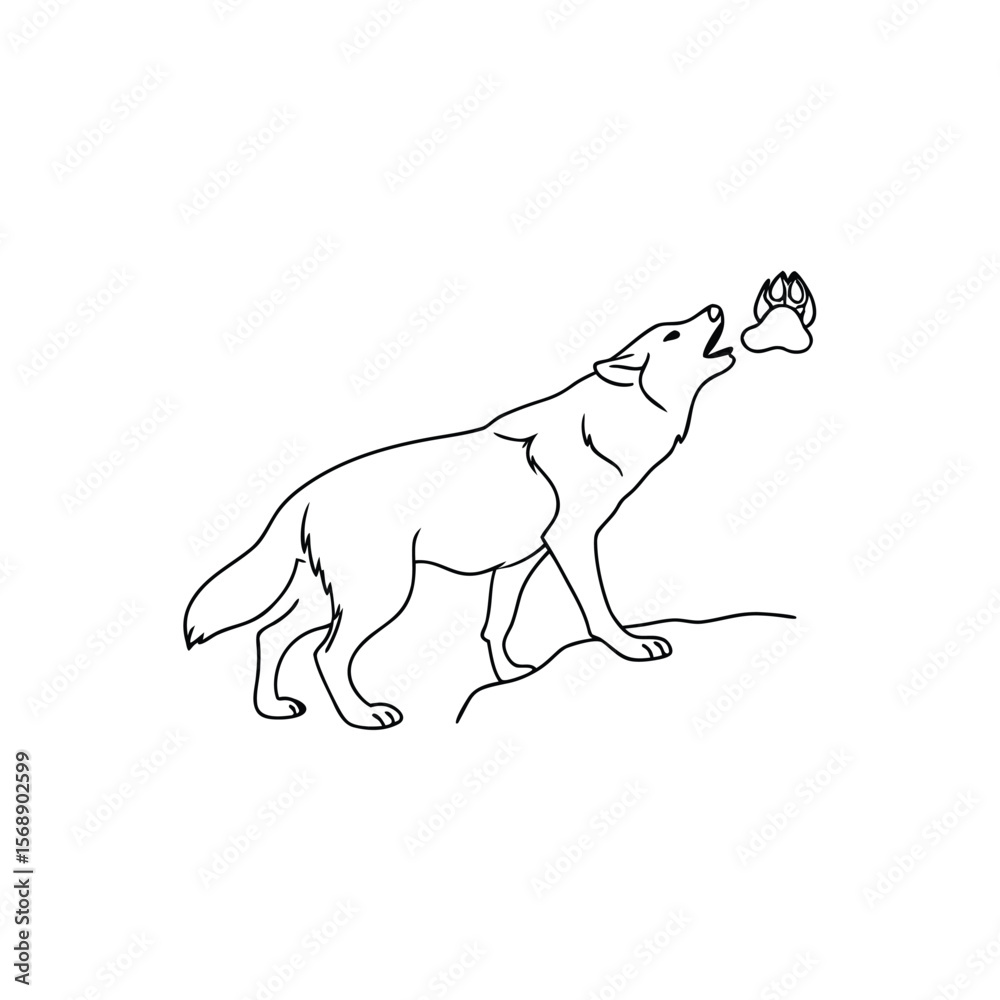 Fototapeta premium Line art wolf howling at paw print on white background