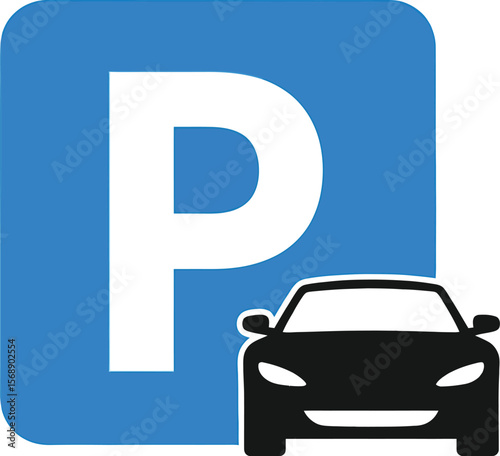 A blue parking sign with a white p and a black car illustration