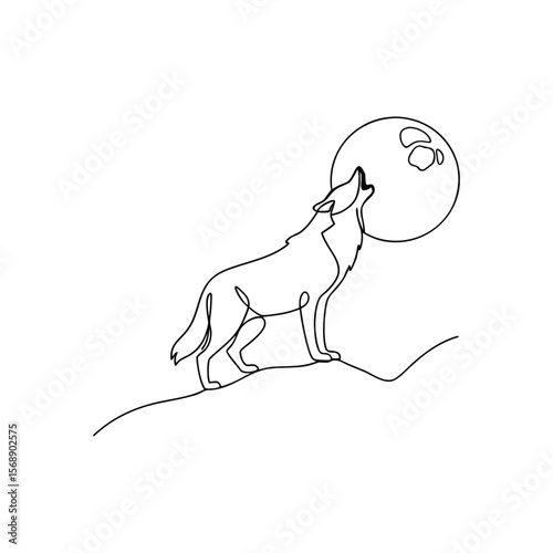 Line art wolf howling at full moon on hill night