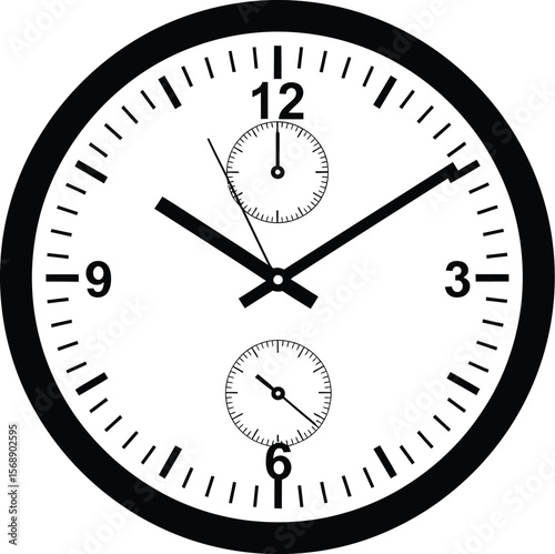 A black and white clock with two smaller dials and a thick border