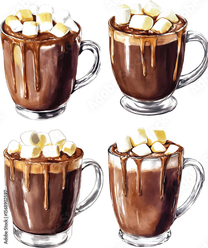 Hot chocolate with marshmallows watercolor  illustration vector isolated on white background