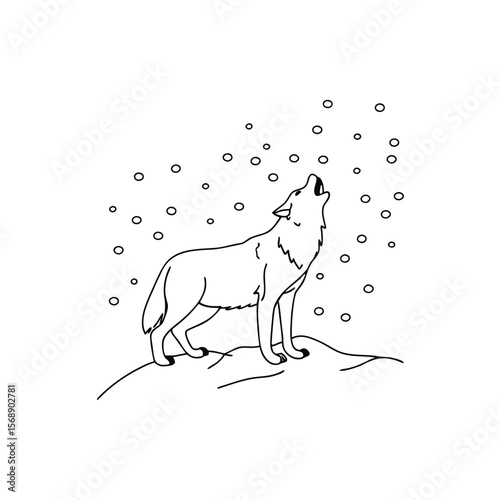 Line art wolf howling in falling snow winter