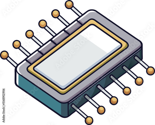 Computer microchip processor with gold pins isolated on white background
