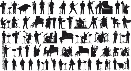 Musician silhouettes playing various instruments, jazz band figures, orchestra performers icons, vector concert design, music performance elements, black isolated set