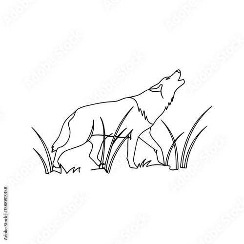Line art wolf howling in tall grass drawing sketch