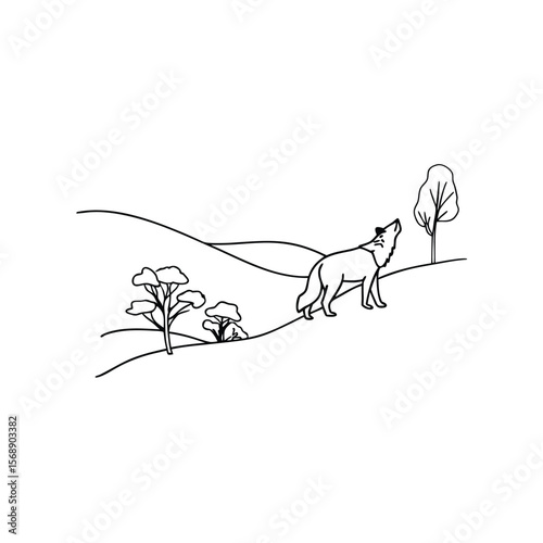 Line art wolf howling on a hill with trees animal wildlife