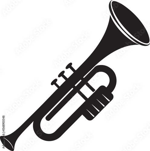 Black silhouette of a trumpet musical instrument isolated on white background