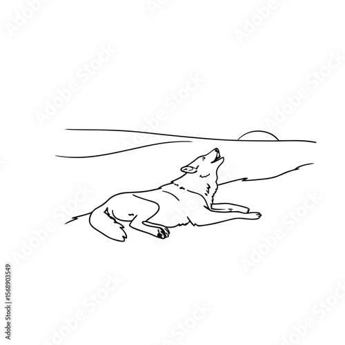 Line art wolf howling on open plain at sunset lying down