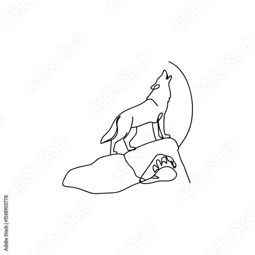 Line art wolf howling on rock with moon silhouette