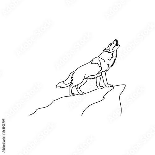 Line art wolf howling on cliff edge standing