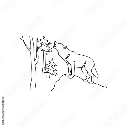 Line art wolf howling on rocky outcrop with trees animal