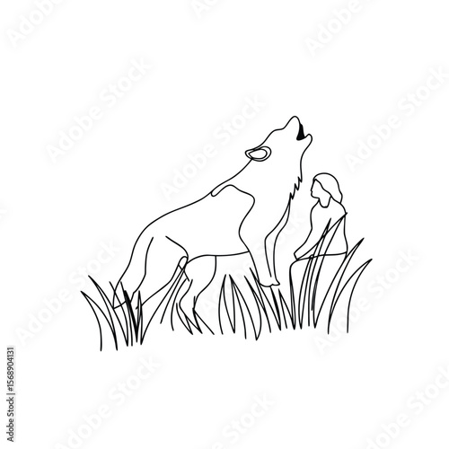 Line art wolf howling with person in grass animal wildlife