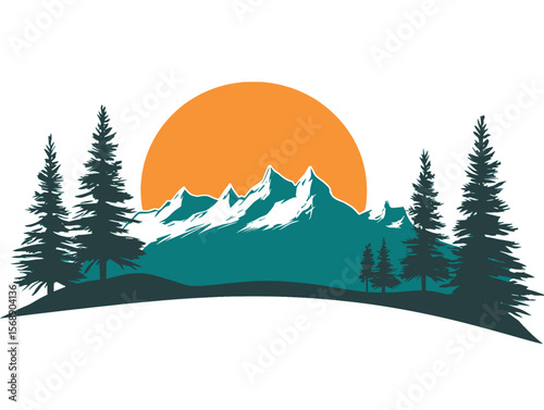 Minimal mountain landscape illustration with orange sun, Stylized minimalist illustration of mountain peaks, pine trees, and a large orange sun on a white background, perfect for outdoor 