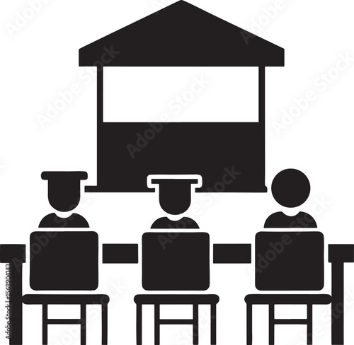 Students sitting at desks in front of a graduation cap display silhouette isolated on white background