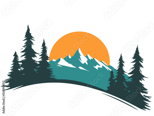 Minimal mountain landscape illustration with orange sun, Stylized minimalist illustration of mountain peaks, pine trees, and a large orange sun on a white background, perfect for outdoor 