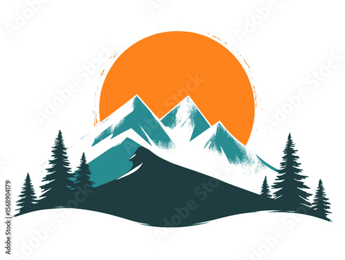 Minimal mountain landscape illustration with orange sun, Stylized minimalist illustration of mountain peaks, pine trees, and a large orange sun on a white background, perfect for outdoor 