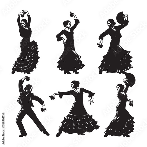 Six Black Silhouettes of Flamenco Dancers Performing Traditional Spanish Dance Poses with Castanets and Fan