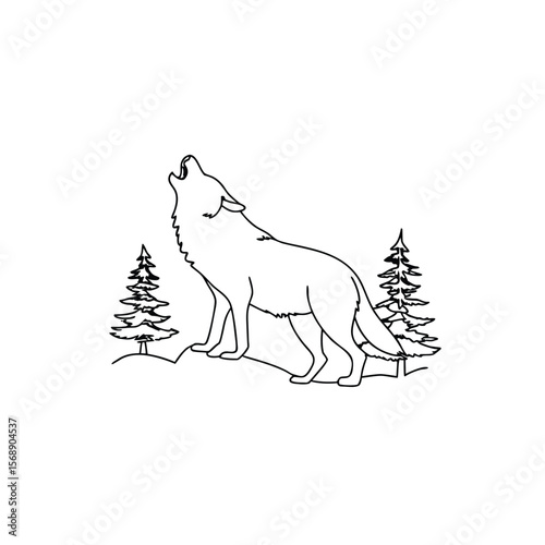 Line drawing wolf howling with pine trees line art