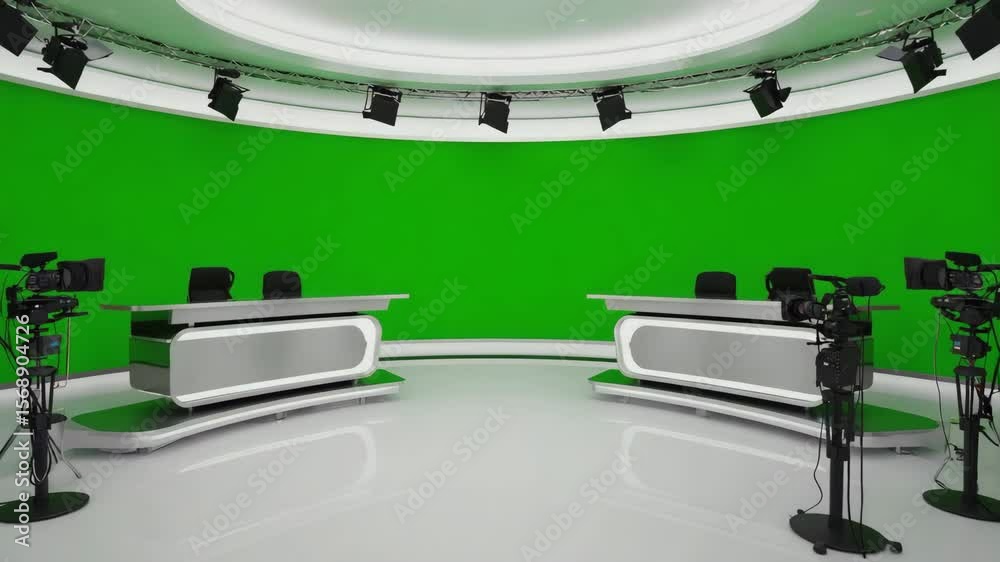 Virtual news studio with green background (#00FF00) for inserting news anchor and graphics, cinematic setup, 4K, isolated on white background