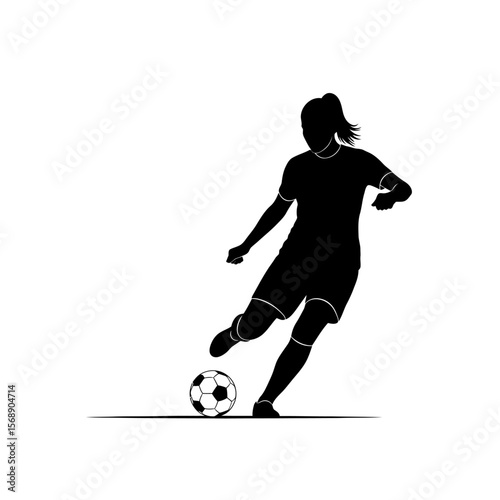 Silhouette of a female soccer player kicking a ball isolated on white background