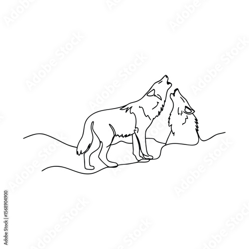 Two wolves howling together in continuous line art