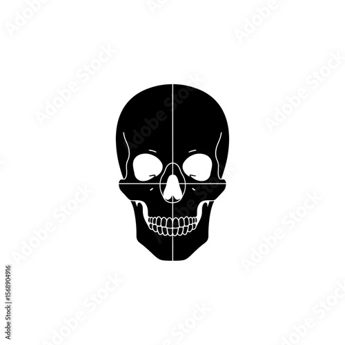 A skull with crosshairs is divided between black and white