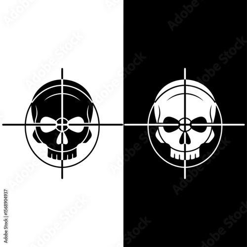A skull with crosshairs is divided between black and white backgrounds
