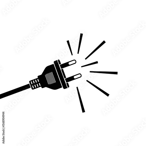 A black electrical plug emits sparks isolated on white background