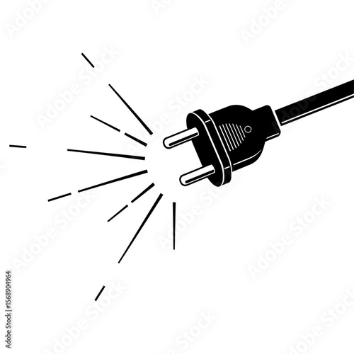 A black electrical plug emits sparks isolated on white background