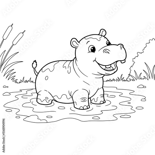 A cheerful baby hippopotamus splashes playfully in a puddle, surrounded by grass and bushes, illustrated in black-and-white line art.