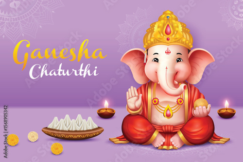 Lord Ganesha Sitting Purple Color Background With Mandala Elements. Ganesha Chaturthi Festival Sale Celebration For Greeting Card, Invitation, E-commerce Banners.